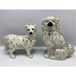 Pair of Staffordshire style dogs, together with two other examples and two cow jugs, largest example H35cm