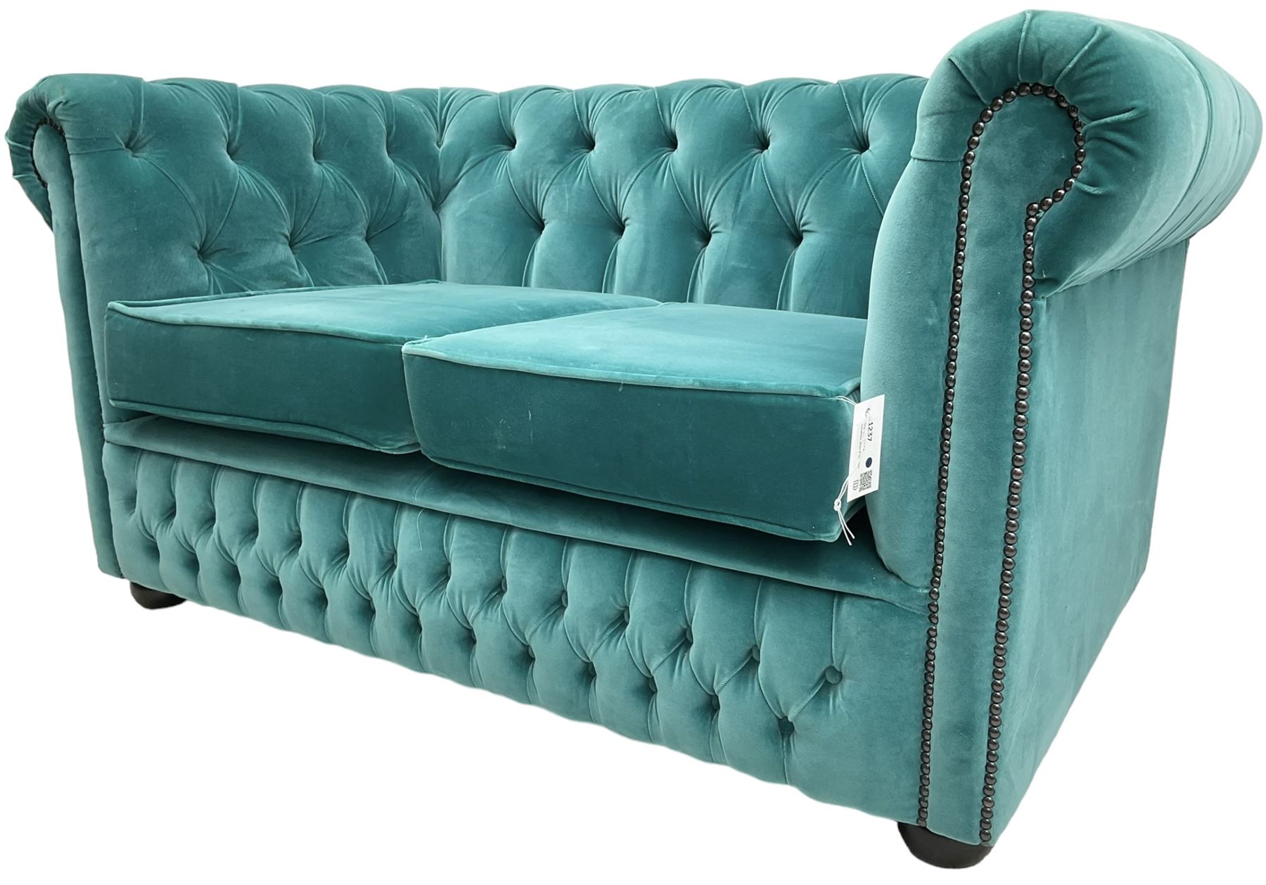 Sofas by Saxon - Chesterfield shape two-seat sofa, upholstered in buttoned aqua blue velvet fabric