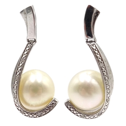  Pair of 9ct white gold pearl and diamond pendant earrings, hallmarked  