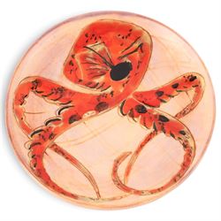 Monique Brunner - earthenware plates, decorated with fish and shellfish, upon a pink and cream ground, signed Vallauris beneath, six D20cm, one D24cm  