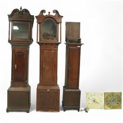 Three empty oak longcase clock cases-for restoration , parts, repair, and two 30hr chain driven movements with 12