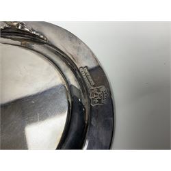 Pair of Mappin and Webb silver plate pierced pedestal bon bon dishes, together with other silver plate comprising teapot stand engraved with lion's head to centre, two cut glass claret jugs, two bottle coasters with acorn decoration, two open salts upon dolphin mounts, tea caddy, three piece cruet set and a large oval tray with pierced sides and upon four ball feet