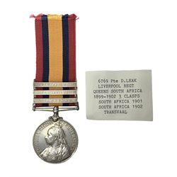 Victoria Queens South Africa Medal with Transvaal, South Africa 1901 and South Africa 1902 clasps awarded to 6769 Pte. D. Leak Liverpool Regiment; with replacement ribbon.