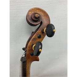 Mid-19th century German violin with 36cm two-piece maple back and ribs and spruce top, bears label 'Riccardo Antoniazzi Cremonese fece in Milano l'anno 1896' L59.5cm overall; in walnut case with two part bows