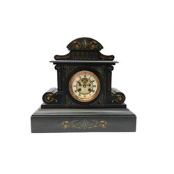 A large late 19th century Belgium slate mantle clock with an arched pediment and supports embellished with volutes and incised decoration, the case front with inlaid spandrels in contrasting marble and gilt incised decoration, on a conforming deep moulded plinth, eight-day rack striking French movement striking the hours and half hours on a bell, two part white enamel dial with a recessed center and visible Brocot escapement, jewelled pallets, steel spade hands, Roman numerals, minute markers and winding collets, with a flat bevelled glass and cast bezel, with pendulum, no key.

