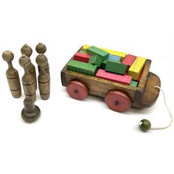 Vintage wooden toys including laundry set of washboards, clothes horse and tin wash-tub; scratch-built vehicles; building blocks; toy sweeping brush; skittles; spade; 'Titanic' deck chair; bee hive etc