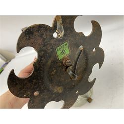 Wrought iron wall lantern with patterned glass shade of tapering cylindrical form, H29cm