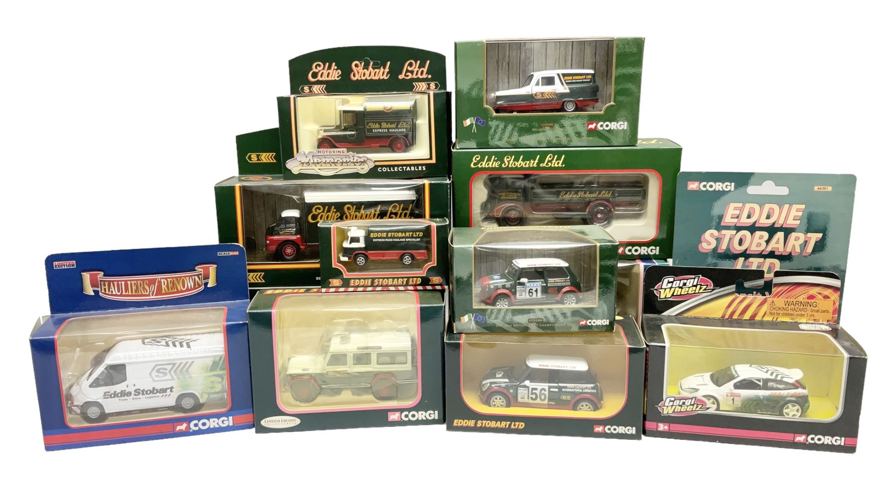 Corgi Eddie Stobart - thirteen various lorries, vans and cars including Reliant Regal, Minis, Land Rover etc; all boxed (13)