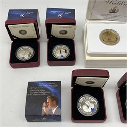 Six Royal Canadian Mint twenty dollar fine silver coins, all 2011 commemorating 'The Wedding Celebration HRH Prince William of Wales & Miss Catherine Middleton' and a Royal Mint 'The Royal Wedding' 2011 gold plated sterling silver five pound coin (7)