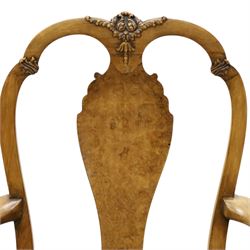 Queen Anne Design walnut kneehole desk with matching chair, rectangular figured top with crossbanding, three frieze drawers, raised on cabriole supports, the chair with serpentine front raised on cabriole supports