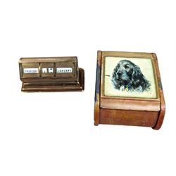 1920s brass perpetual calendar and a small metal trinket box with spaniel decoration, calendar H6cm