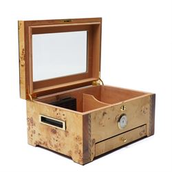 Modern burr wood  humidor, the hinged lid inset with a glass panel, recessed side handles and single drawer 35cm x 25cm x 18cm