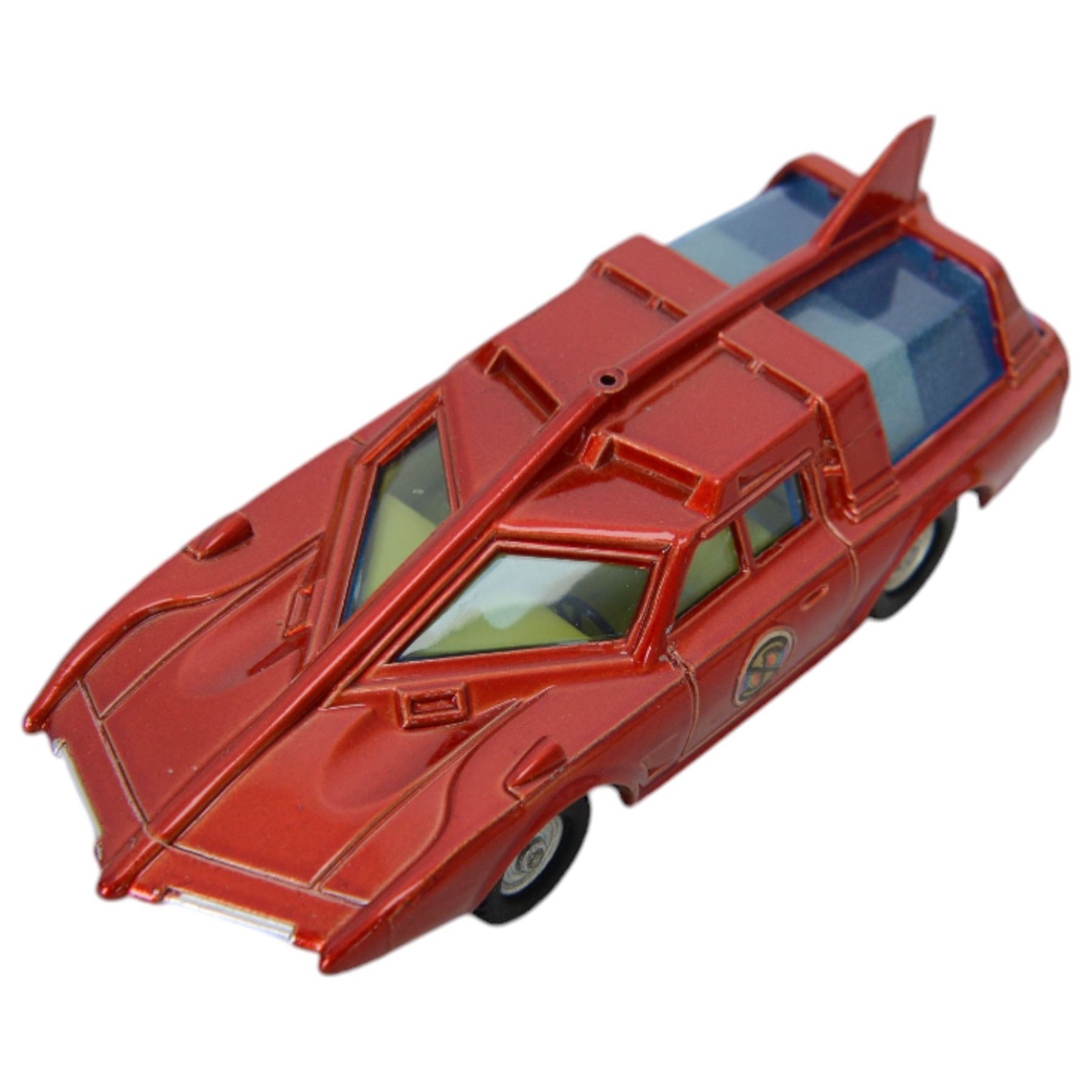 Two Dinky Toys diecast Captain Scarlet vehicles, comprising Spectrum Patrol Car no. 103, with red metallic body, white base, blue tinted windows and silver trim and Maximum Security Vehicle no. 105, the white body with red stripes and base, chrome trim and cast spun hubs, with radiation box, both boxed