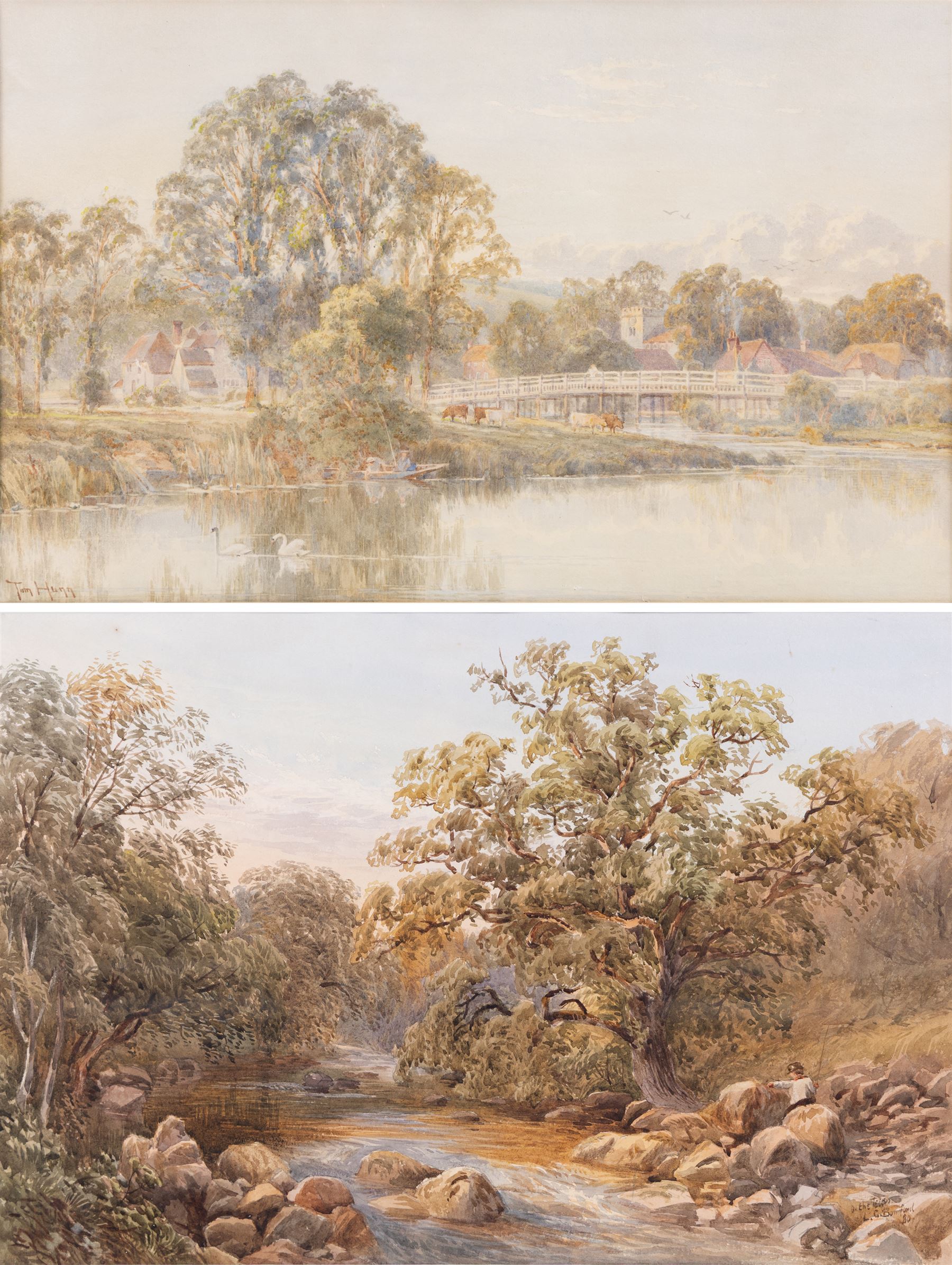 Revd Laurence George Bomford (British 1847-1926): 'On the Teign', watercolour signed titled and dated '80, 34cm x 51cm; Thomas Henry Hunn (British 1857-1928): 'At Goring Church and Mill - Beside the Thames', watercolour signed, titled in a later hand verso 30cm x 49cm (2)