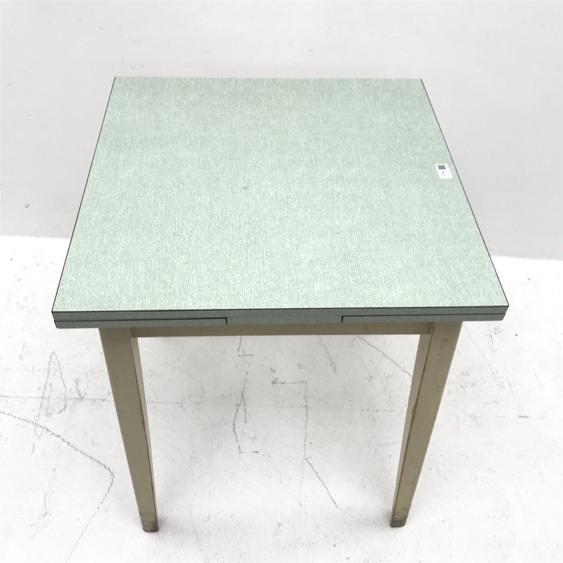 Vintage Formica drawer leaf extending kitchen table, square tapering supports, W107cm, H77cm, D61cm