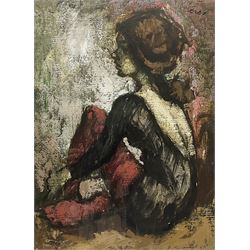William Selby (Northern British 1933-): 'Dancer in Red Tights, oil on board signed, titled with artist's address verso 50cm x 36cm