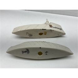 Ten WW1 crested china military models comprising submarine, four ships including Lusitania, four Zeppelins/balloons and an aircraft; various makers including Arcadian China, Swan China, Carlton China, Waterfall, Grafton China etc; various crests including Saint Neots, Great Yarmouth, Tewksbury, Swanage, Simons Town, Hull etc (10)