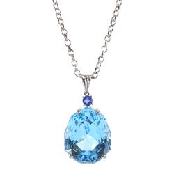 18ct white gold large blue topaz and sapphire pendant necklace, stamped 750, blue topaz approx 89.50, sapphire approx 0.60 carat