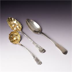 George III silver 'berry' spoon with later embossed and gilded bowl and engraved stem Lond...
