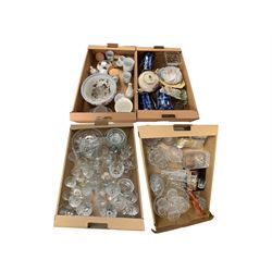 Collection of glassware and ceramics including Beswick fox, Royal Worcester herb pots, decanters teapots etc, in four boxes 