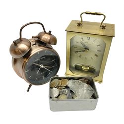 Avia Quartz mantle clock, a London alarm clock and a collection of coins