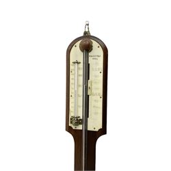 Maspoli of Hull - Late 19th century mercury cistern stick barometer, mahogany case with a round top and circular turned cistern cover with circular ivory inlay and adjustment screw, engraved register with predictions and adjustable vernier, with mercury thermometer and Fahrenheit scale. Tube with mercury present. This item has been registered for sale under Section 10 of the APHA Ivory Act