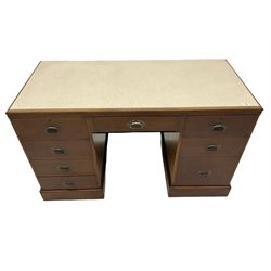 Vintage mahogany twin pedestal desk, fitted with eight drawers, inset top