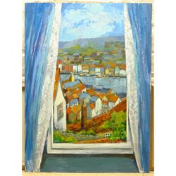 Ethel Blackburn (British 1907-2005): Whitby Rooftops, oil on board signed with initials and dated '91, 61cm x 45cm (unframed)