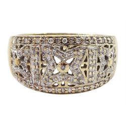 9ct gold pierced design diamond chip ring, stamped 375