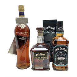 Jack Daniels, single barrel Tennessee whisky, 700ml, 45% vol, Jack Daniels, Tennessee whiskey master distiller series No.4, 700ml, 43% vol, and Courvoisier VSOP cognac, 70cl, 40% vol (3)