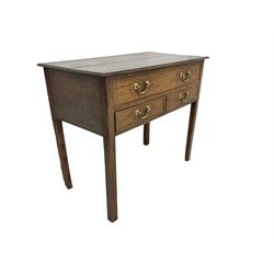 Georgian oak lowboy, rectangular moulded top over three drawers, on square supports