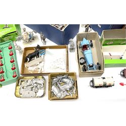 Fifty modern lead figures of mounted and foot soldiers, various period uniforms from 18th century to WW2, painted and unfinished with related paperwork; small quantity of Hornby '00' gauge model railway items and track; and four boxed Subbuteo teams etc