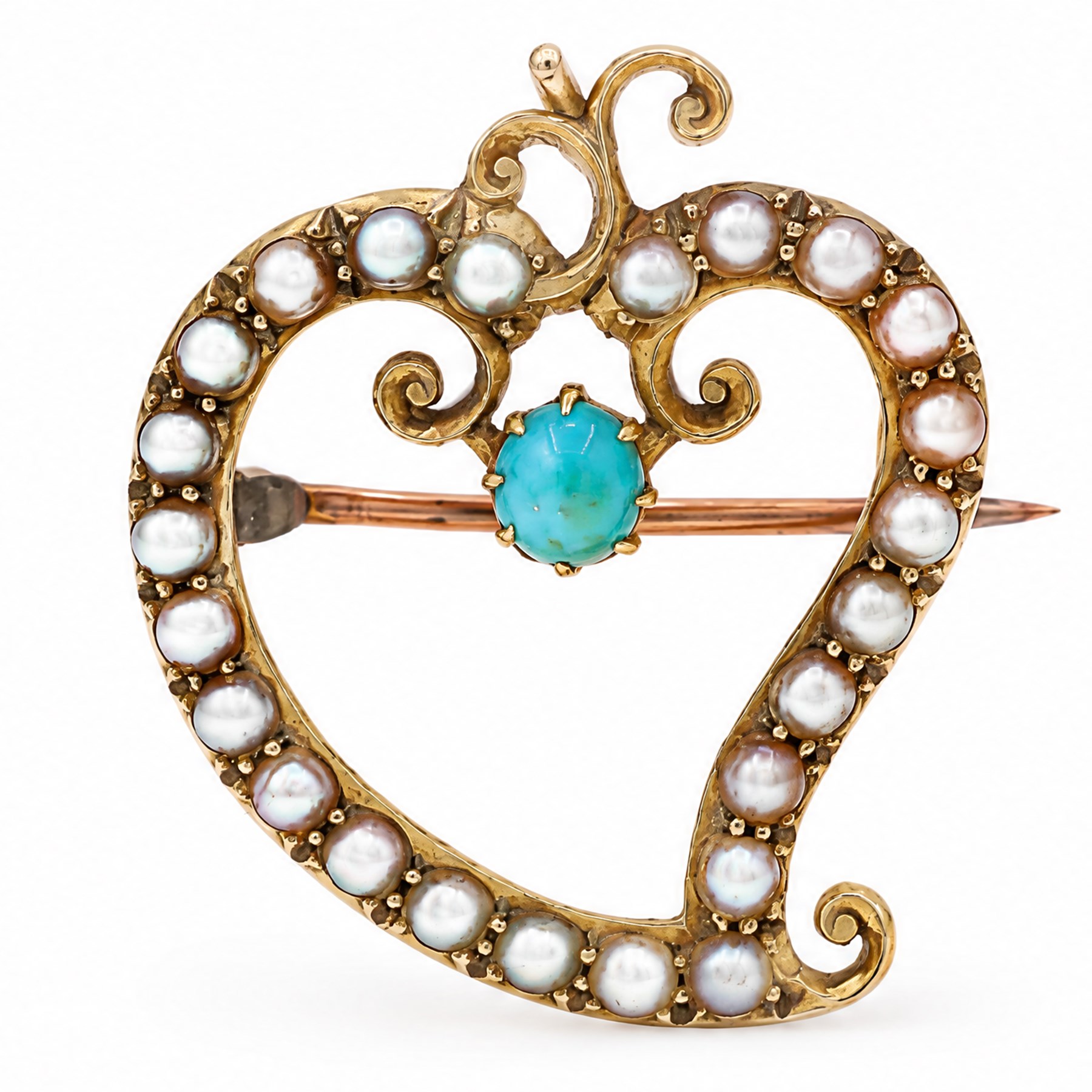 Edwardian 15ct gold pearl and turquoise witches heart brooch