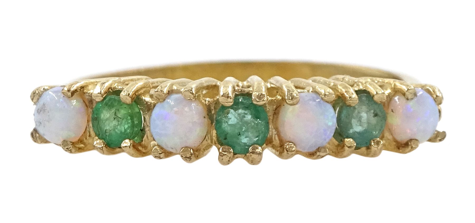 9ct gold seven stone emerald and opal ring, hallmarked