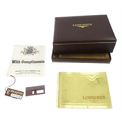 Longines gentleman's 9ct gold manual wind wristwatch, Cal. L847.4, white dial with Roman hour markers, on black leather strap with gilt buckle, boxed with guarantee dated 1980