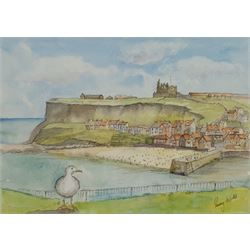 Penny Wicks (British 1949-): 'Bird's Eye View Whitby', watercolour and ink signed, titled verso 27cm x 38cm