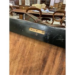 Late Victorian square ebonised wood ottoman stool, hinged upholstered seat revealing storage well, moulded frieze rails, raised on turned feet