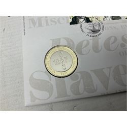 Seven The Royal Mint Royal Mail two pound coin covers, including 1999 'Rugby World Cup', 2003 'DNA Discoveries', 2004 'Classic Locomotives', 2007 '300th Anniversary of the Act of Union' etc