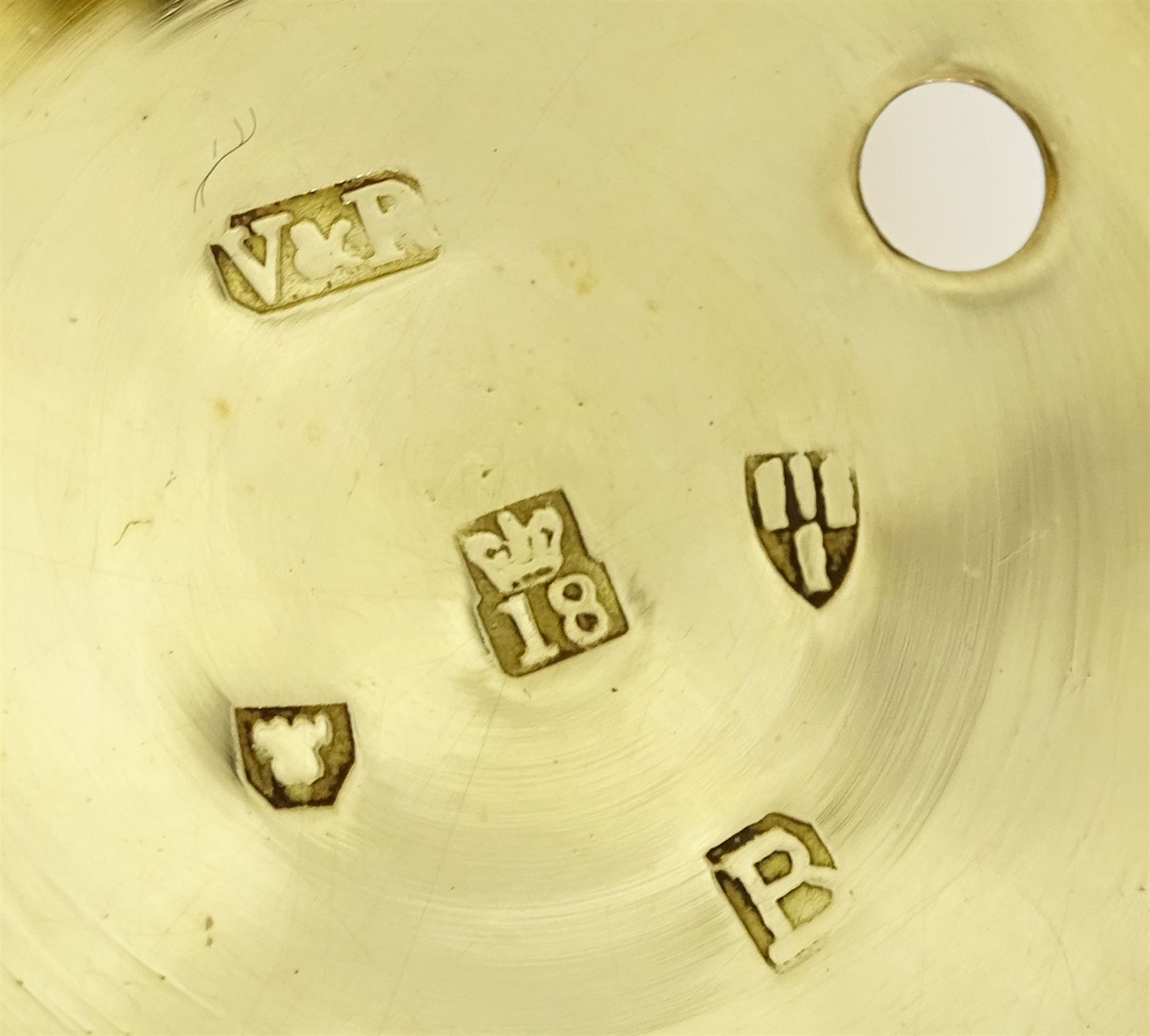 George III 18ct gold pair cased English lever fusee pocket watch by John Bolton, Durham, No. 844, round baluster pillars, engraved balance cock with flower decoration and diamond endstone, stop/work lever, cream enamel dial with Roman numerals and subsidiary seconds dial, case makers mark V&R, Chester 1819