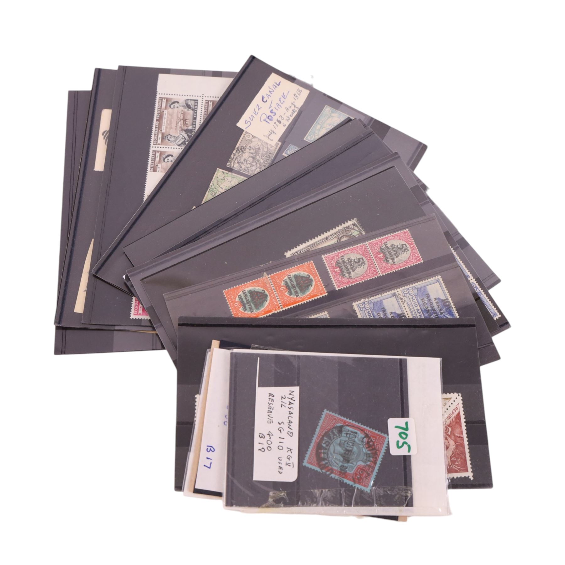 African stamps, mainly early 20th century, including Suez Canal postage 1868, King George V Nyasaland two shillings and six pence, South Africa 1935 Silver Jubilee six pence pair, unused, etc, housed on stock cards