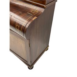 19th century mahogany piano top secretaire bookcase, two astragal doors above curved hinged retractable writing compartment, above two cupboards