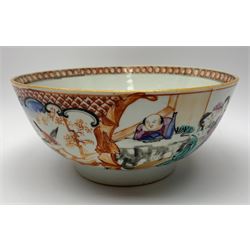 18th century Chinese famille rose bowl, the exterior decorated with panels of figures conversing, and birds, with collectors label beneath, H9cm D20cm 