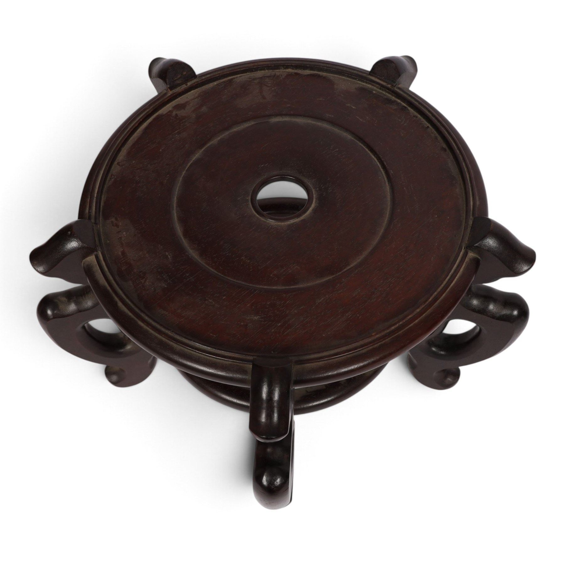 Five hardwood vase stands, for large vases, largest D36cm