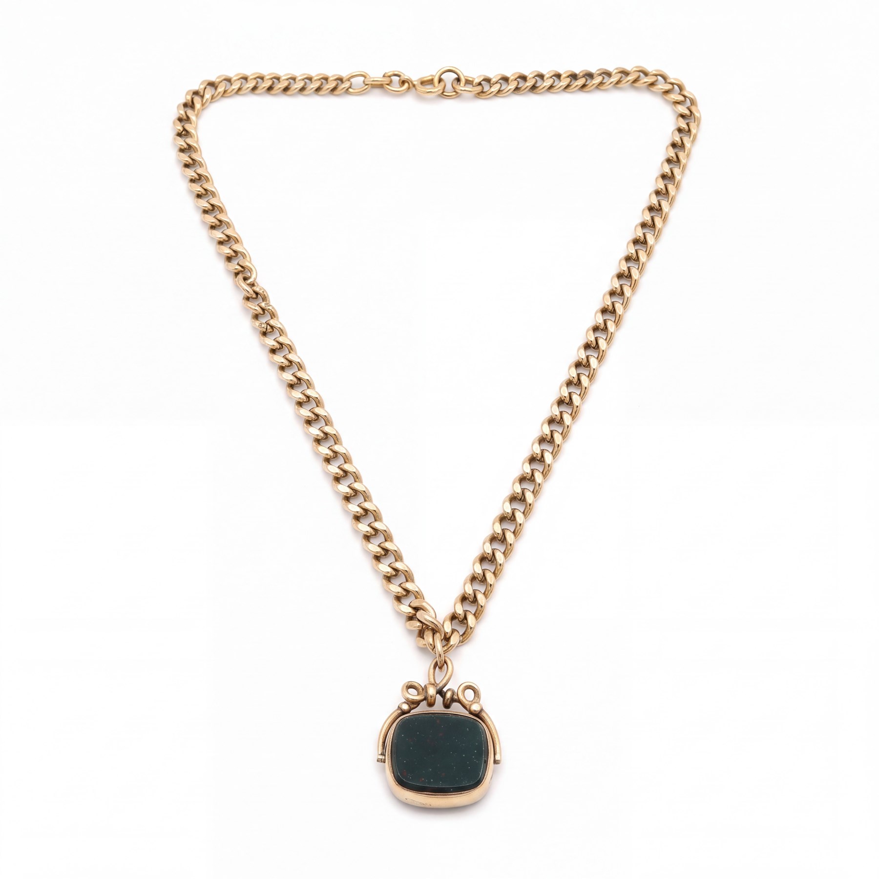19th / early 20th century 9ct rose gold graduating Albert / necklace chain, stamped 9 375, suspending a 9ct gold bloodstone and agate swivel fob, Birmingham 1892