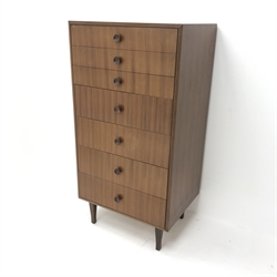  Mid 20th century teak pedestal chest, seven graduating drawers, square tapering supports, W61cm, H120cm, D46cm  