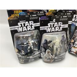 Star Wars - The Saga Collection - Mace Windu's Jedi Starfighter; boxed; and twelve carded figures comprising Biker Scout, General Grievous, At-At Driver, Clone Trooper Sergeant, various other Clone Troopers and Commander Cody, Snowtrooper and Scorch Republic Commander; all in unopened blister packs (13)
