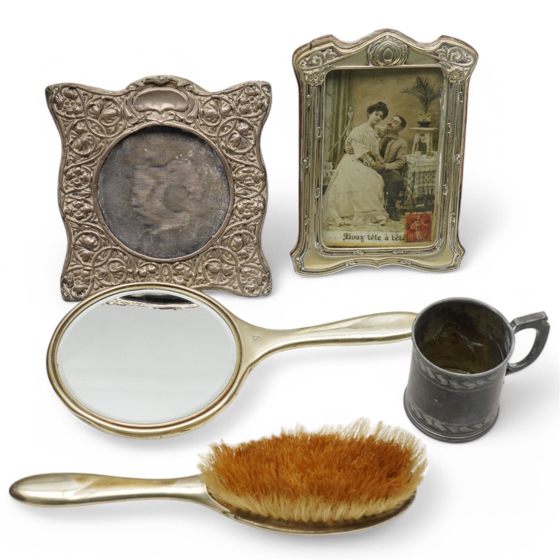 Embossed silver photograph frame, plated frame, set of six plated fish knives and forks etc