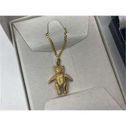 9ct gold jewellery, comprising signet ring and a pair of hoop earrings, together with three silver stone set necklaces, a Steiff teddy bear necklace and other costume jewellery, some boxed 