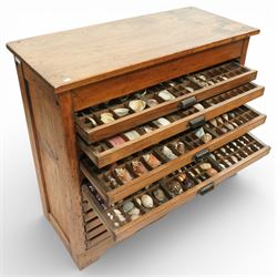 20th century oak printers cabinet, the rectangular top over a bank of twelve shallow drawers each fitted with a metal label handle, the drawers internally compartmentalised and containing an assortment of shells, raised on a shaped plinth base