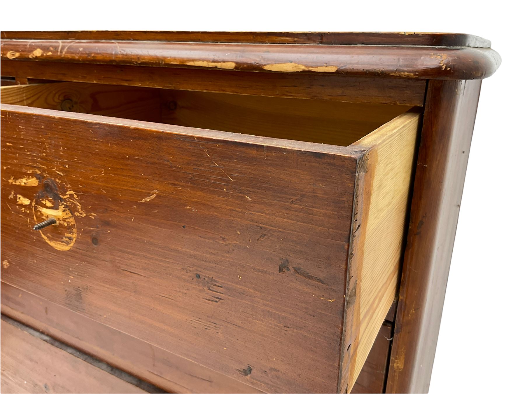 Chatsworth House - 19th century Victorian stained pine chest of drawers from Chatsworth House servant's quarters, moulded rectangular top over two short and three long drawers, plinth base. Provenance: Previously lot 1065 from the 